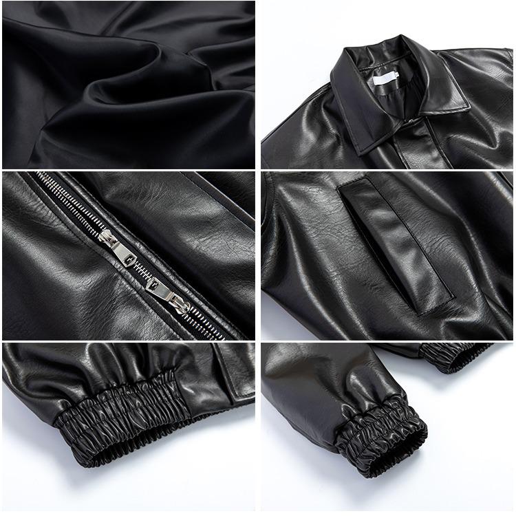 Men's Trendy Korean-Style Black PU Leather Padded Jacket with Zipper