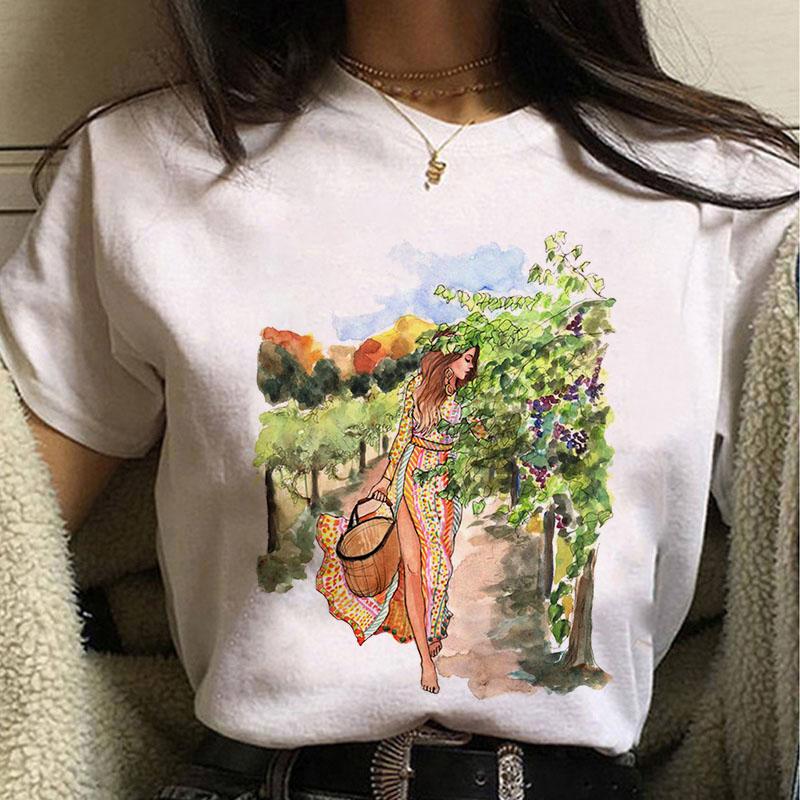 

Summer Women T Shirt Casual Tops Tee White Short Sleeve T Shirt Woman Holiday Leisure Printed Printed Harajuku Lady T-Shirt Clo S білий