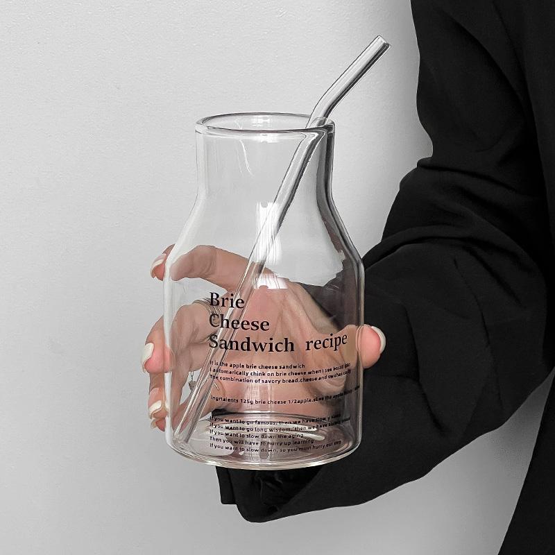 Large Capacity Heat Resistant Glass Milk Tea Cup Simple Pearl Letter Coffee Cup Creative Ins Style Transparent Glass Cup for ...
