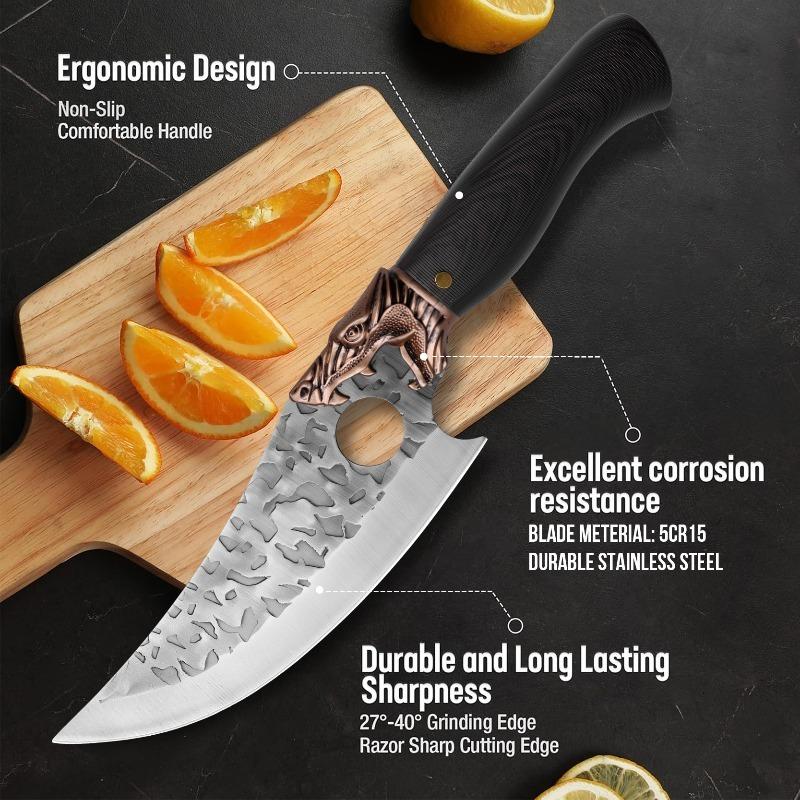 Vintage Forged Kitchen Knife Household Stainless Steel Meat Cutting Knife with Plastic Handle Forging Process Cutting Tool with Leather Knife Cover