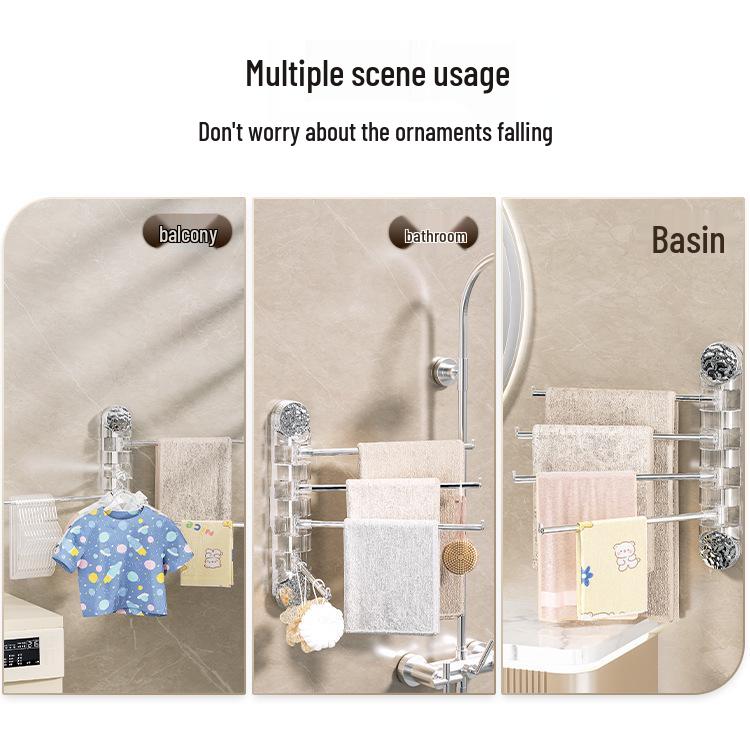Rotating Wall-Mounted Towel Rack with Suction Cups - Punch-Free, Multi-Functional, Multi-Pole Design for Bathrooms