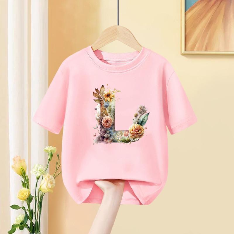 Girls T Shirt Custom Name Letter Combination Print Tshirt Flower Letter Font A B C D E F G Short Sleeve Kids Pink Tops