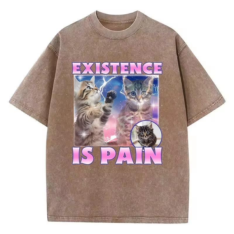 Existence Is Pain Cat T Shirt Vintage Washed 100% Cotton T-Shirt Graphic Tee Casual Streetwear for Spring Summer Fall