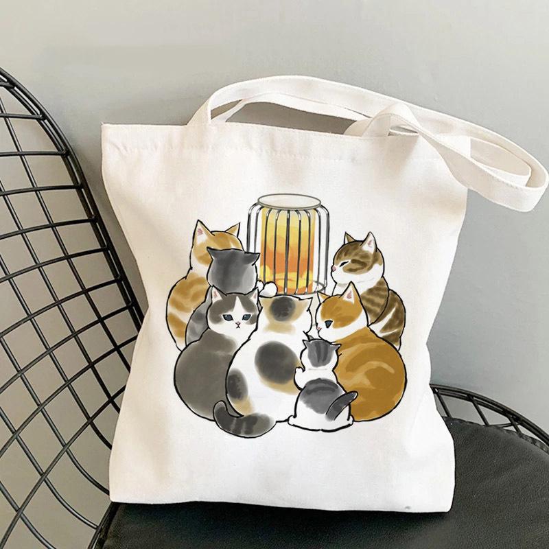 Whimsical Cat On Bicycle Canvas Shoulder Tote - Cute Print for Students and Shopping