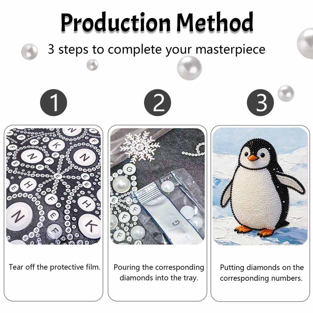 DIY Framed Pearl Painting Kit Penguin Pattern 3D Sparkling Bead Art Canvas Elegant Home Wall Decor Gift for Women and Craft Lovers