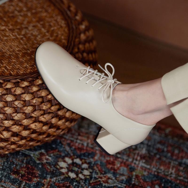 Mature Dress Women Pumps Fashion Office Ladies Thick Heels Round Toe Genuine Leather Lace-Up Shoes Woman 2024 New Spring Autumn