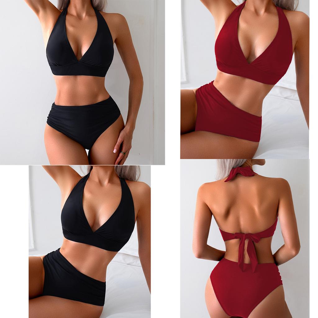 Bikini Women's Split High Waist Pants Solid Color Multi-Color Halter Sexy Swimsuit