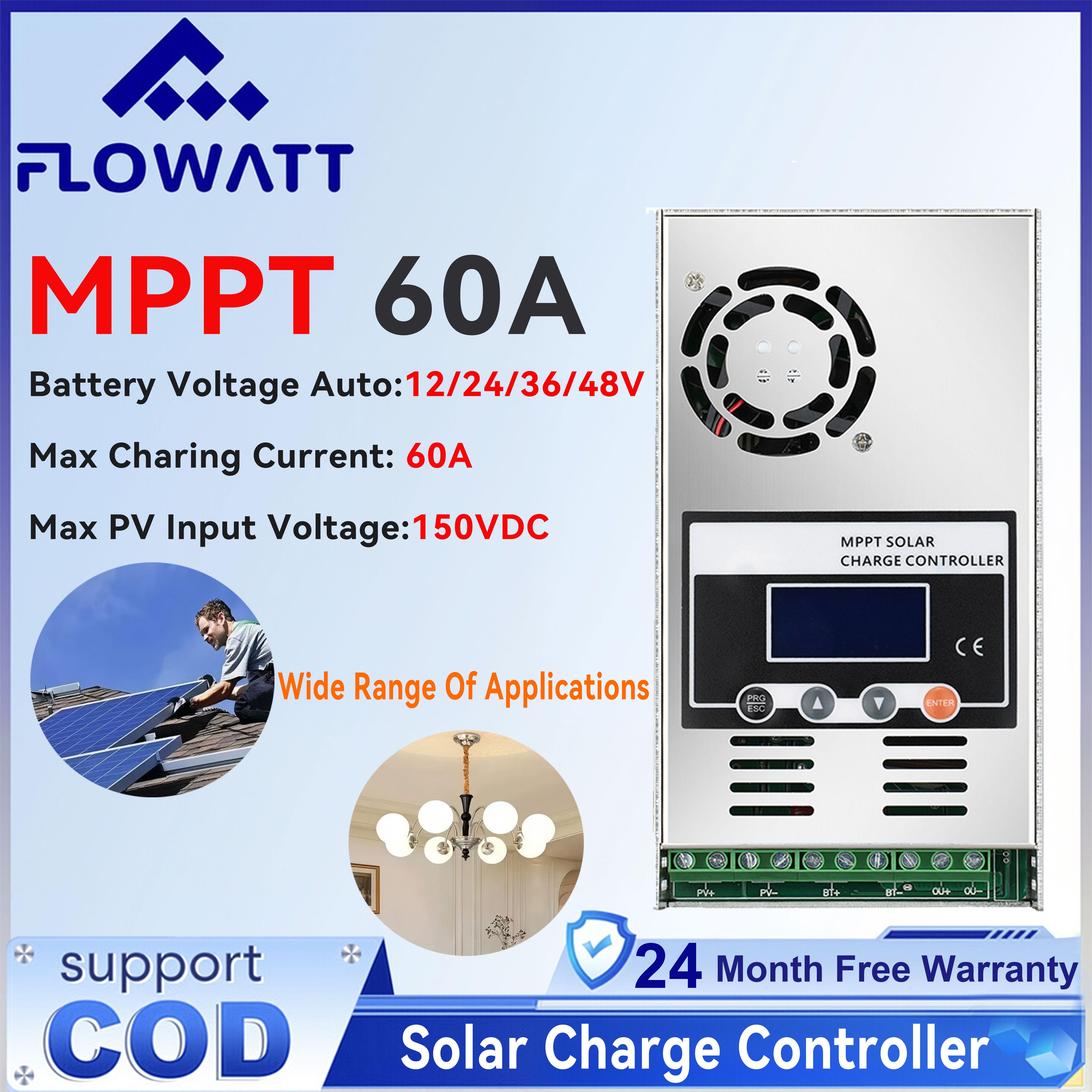 Flowatt MPPT 60A Solar Charge Controller 24V 12V Solar Regulator Max PV 150VDC Charging Controller For Photovoltaic Battery Regulator Lifepo4 Lead 12V 24V 36V 48V