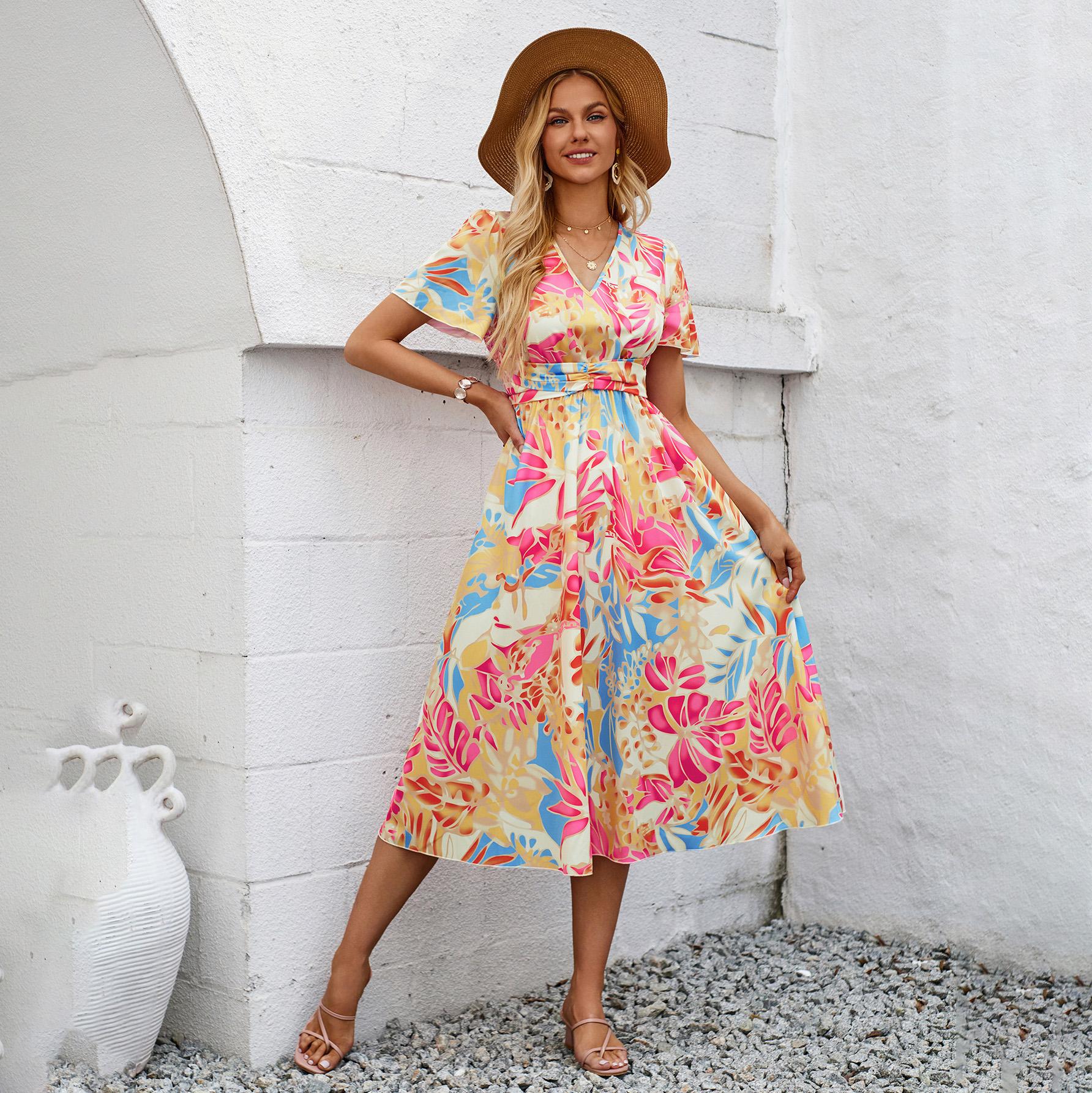 

Женское весеннее платье с цветочным принтом и V-образным вырезом с коротким рукавом, летнее повседневное платье А-силуэта с высокой талией, средней длины, размеры S-XL M розовый