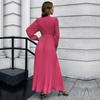 Women V Neck Long Sleeve Pleated A Line Solid Color Lace Up High Waist All Match Dresses S-XXL