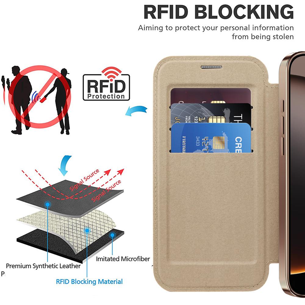 Per serie iPhone 11 12 13 14 15 16. Custodia in pelle business magnetica Gold Shield - Compatibile con MagSafe, con scomparti per carte con blocco RFID e protezione per l'obiettivo
