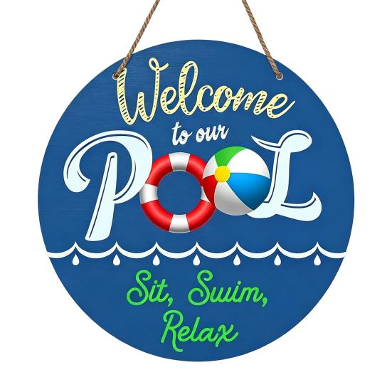 Swimming Pool Sign Summer Wooden Hanging Sign, Weather Resistant Solid Wood Plaque with Outdoor Wall Art Hemp Rope for Beach Party And Decoration