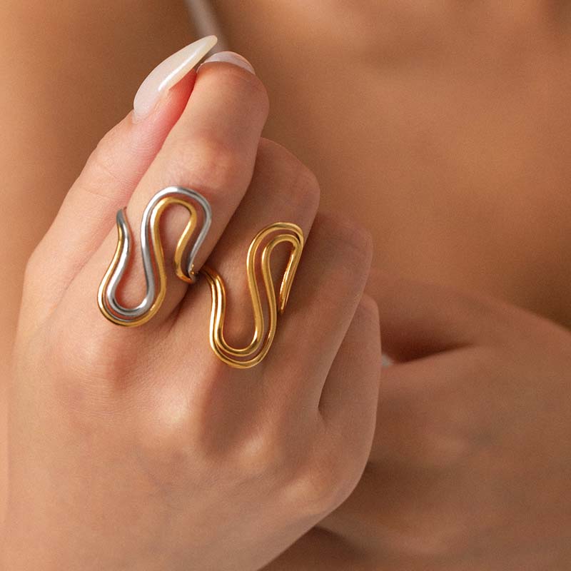 Stainless Steel Metal Line Open Rings for Women Fashion Gold Color Double S-shaped Adjustable Ring Waterproof Jewelry Gifts