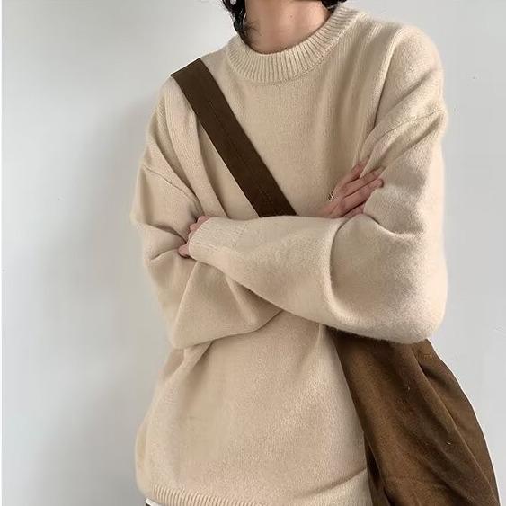 Men s Solid Color Round Neck Sweater, Casual Warm Knitwear, Japanese Retro Style XL