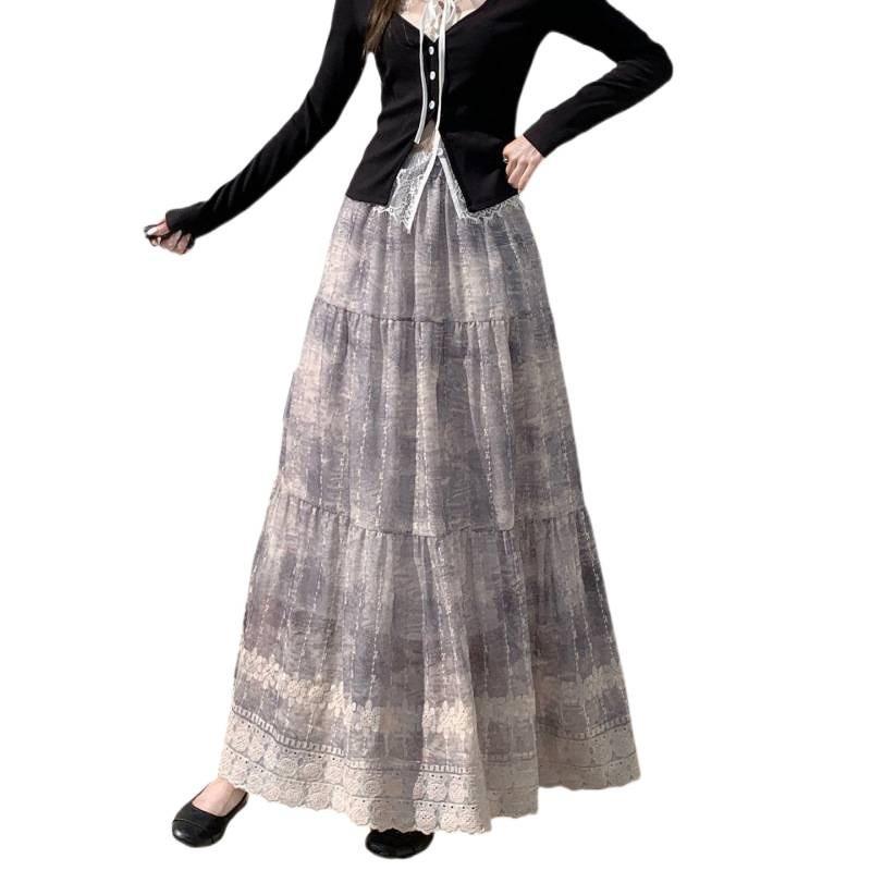 Blue Floral Tiered Skirt Embroidered High Waist A-Line Maxi French Ethereal Style QT2864
