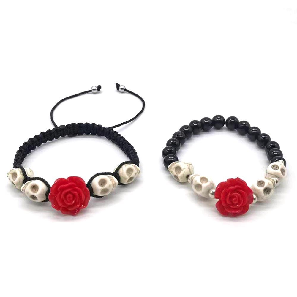 Halloween Gift Acrylic Rose Blossoms Skull Beads Two Styles of Hand Woven Adjustable and Elastic Rope Bracelets for Men