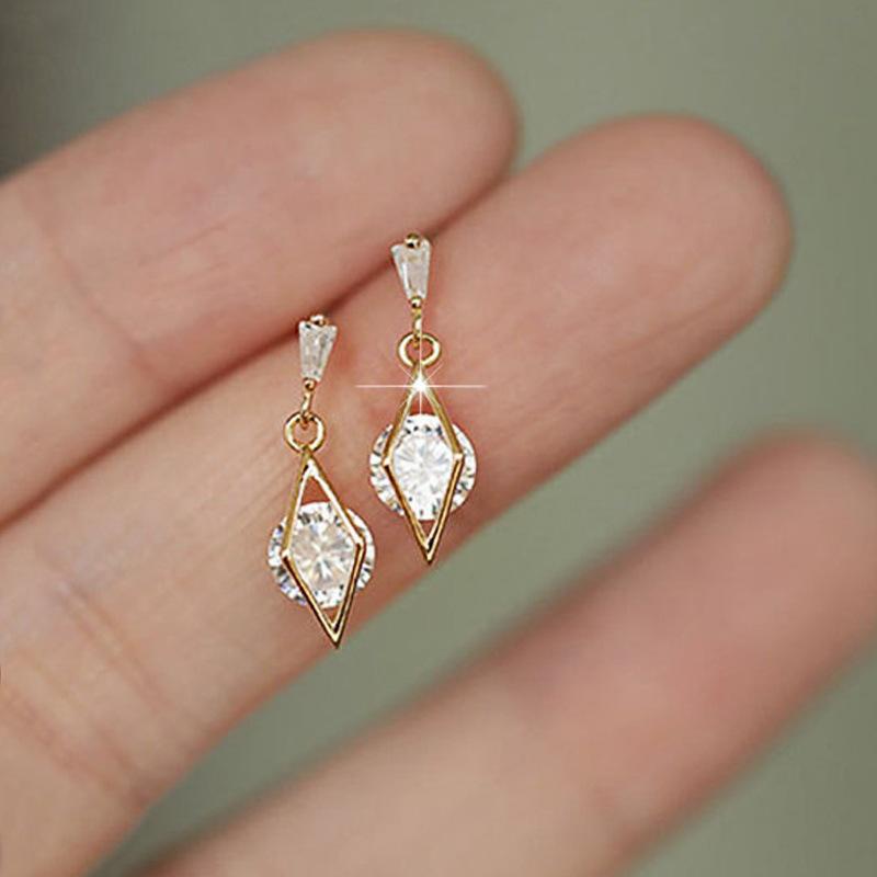 Open Hollow Rhombus Outline Dangle Earrings Tapered CZ Top + Bezel Round Cubic Zirconia Gold Tone Elegant Office Ladies Accessories