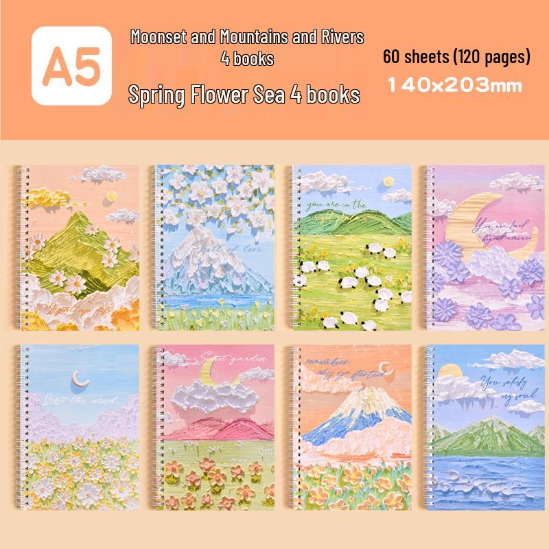 Cartoon Oil Painting A5 Side-Bound Lined Notebook - Cute, Thick, Student-Friendly