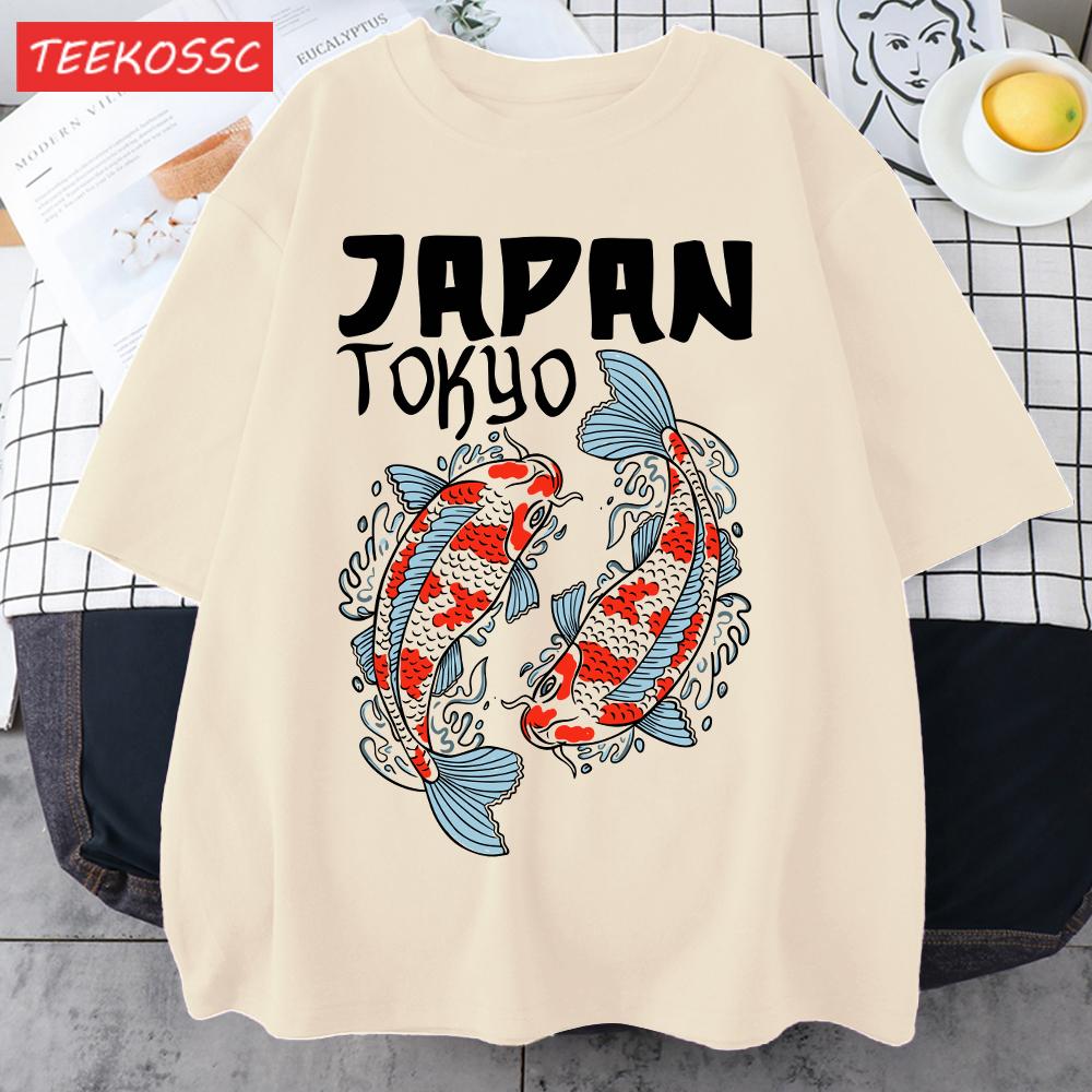 Harajuku Japan Tokyo Koi Print Man TShirt Summer New Loose Short Sleeve ONeck Cotton T Shirts Trendy Unisex AllMatch Clothes