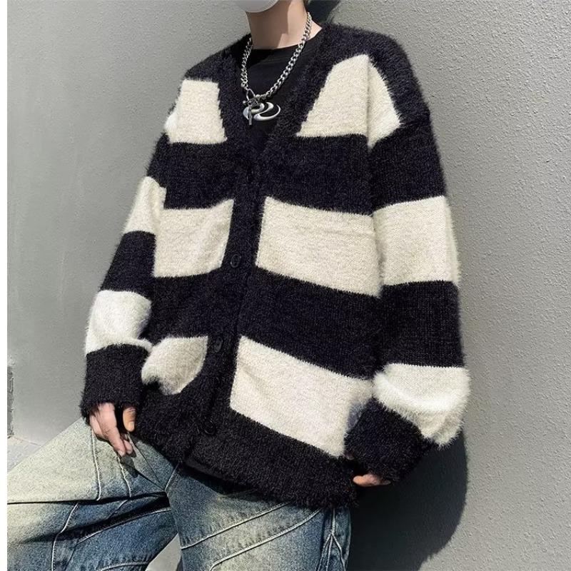 Мужской модный свободный кардиган-свитер в полоску из норкового велюра с V-образным вырезом для пар Extra Large