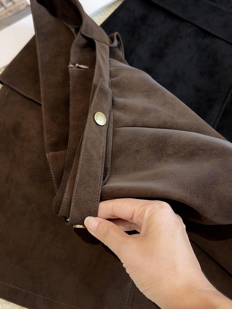 Plus Size Retro Coffee Suede Asymmetrical A-Line High Waist Skirt - Women's Spring/Autumn, Hip-Hugging Short Style.