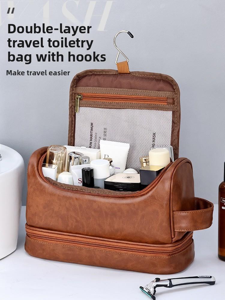 Men Double Layer Travel Toiletry Bag With Waterproof Pu Material For Business And Outdoor Use
