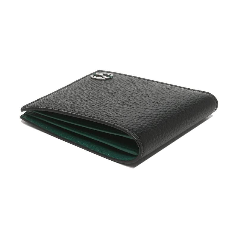 Gucci Silver Label Logo Pebbled Short Folding Leather Wallet Regular Men's Black/Green