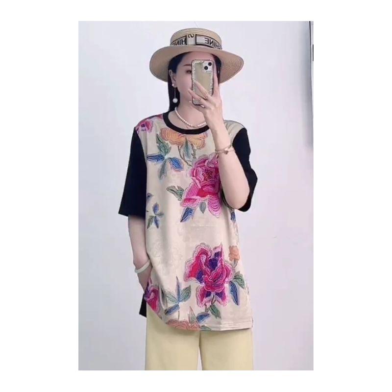 

Double-Sided Fabric Patchwork! Solemn Feeling Tongqin Women s Summer Shoulder Sleeve Satin Poplin Silk Patchwork T-shirt Version Big Tolerance Pink 4XL