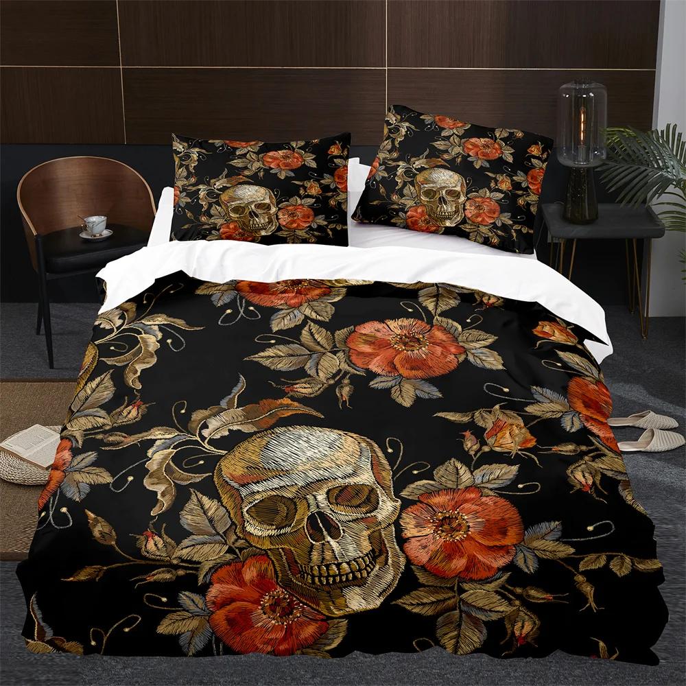 Sugar Skull King Queen Duvet Cover Gothic Skeleton Bones Floral Bedding Set Day Of The Dead Theme 2/3Pcs Polyester Quilt Cover