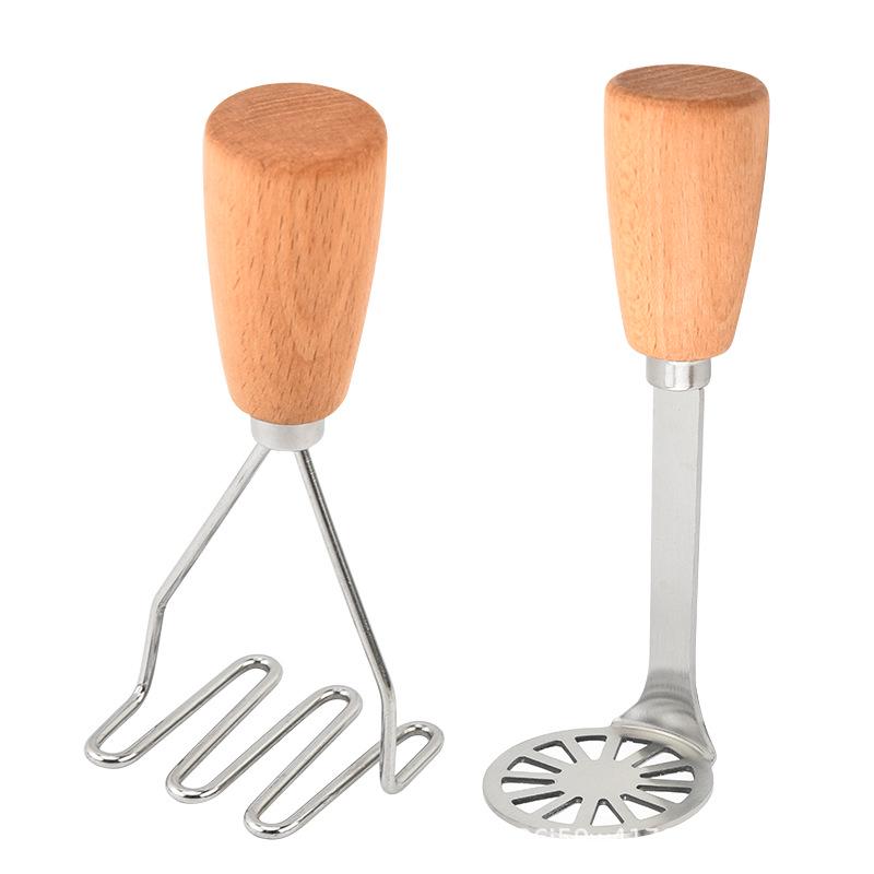 Wooden Handle Stainless Steel Potato Masher - Manual Kitchen Tool for Mashing Potatoes and Baby Food