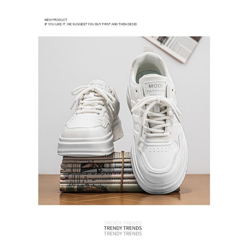 2026 Summer Men's White Platform Sneakers Leather Casual Shoes Thick Sole Streetwear Trendy Footwear