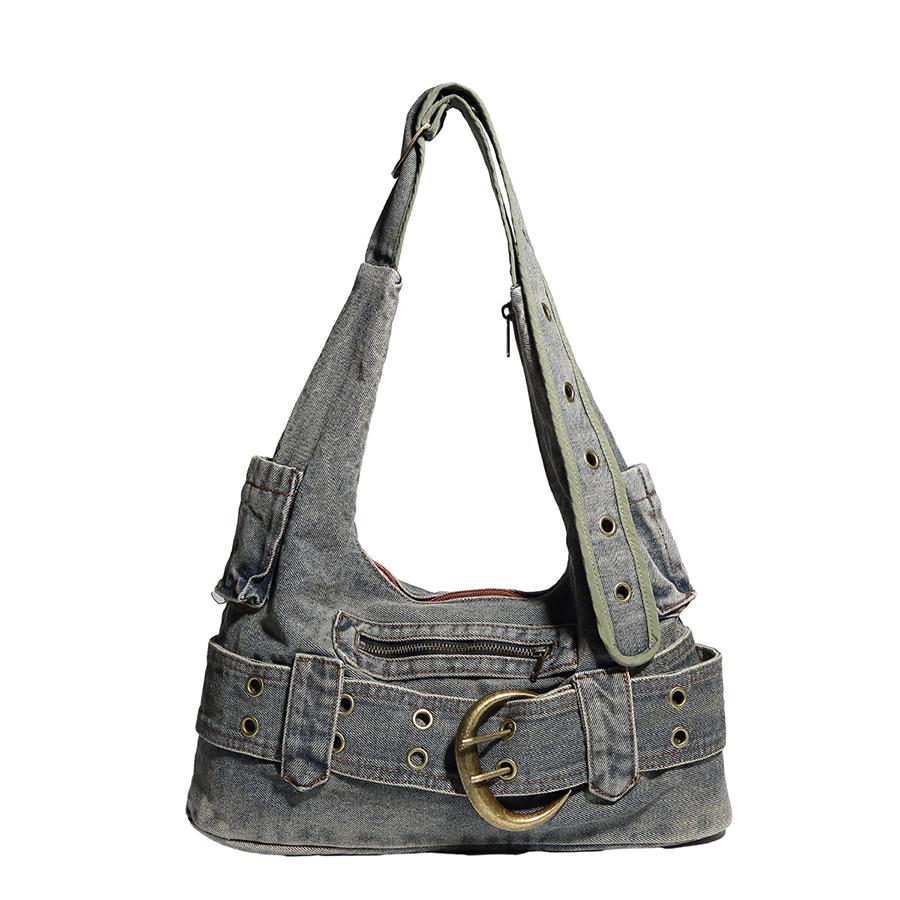 

Y2k washed denim bags for women s handbag fashi Adjustable Wide shoulder straps single shoulder bag casual zip commuter totes 36x9x20cm