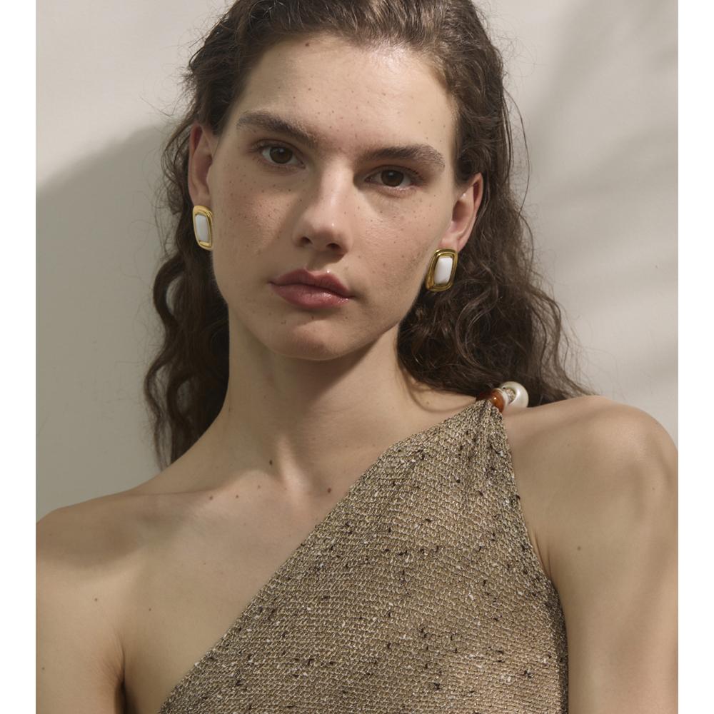 Orecchini a Perno Moda Yhpup Pietra Naturale Rettangolari Rossi Bianchi Neri di Tendenza Versatili Fascino Dorato Gioielli Francia per Donne