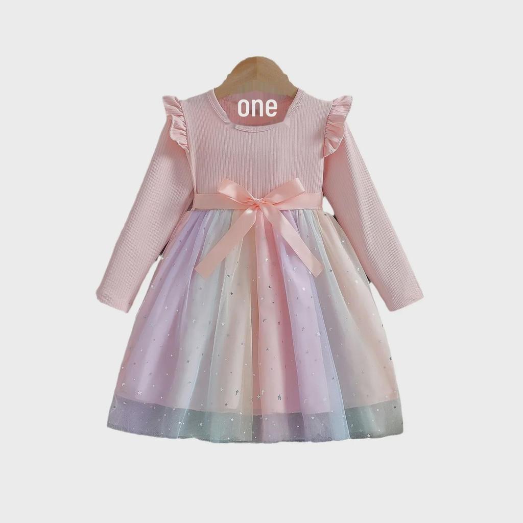 Herbst 2025 Langarm-Netzkleid mit Schleife für Baby-Mädchen