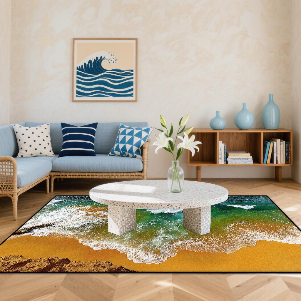 3D Küstenstrandwellen Teppiche Wohnzimmer Cartoon Dekoration Zuhause Großer Teppich Sofabereich Teppich Schlafzimmer Lounge Bodenmatte Waschbar
