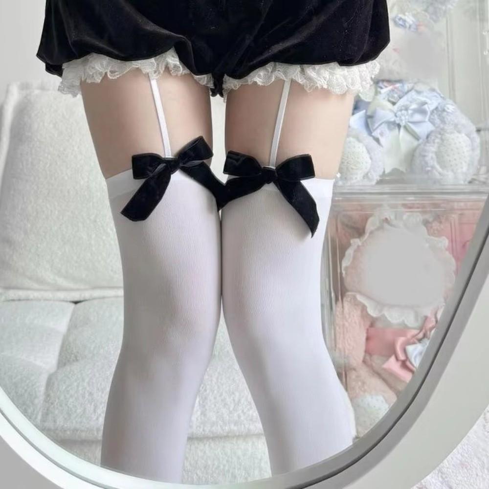 Elastic Thigh High Stockings Lolita Style Knee High Socks Sexy Bowknot Suspender Stockings  Women