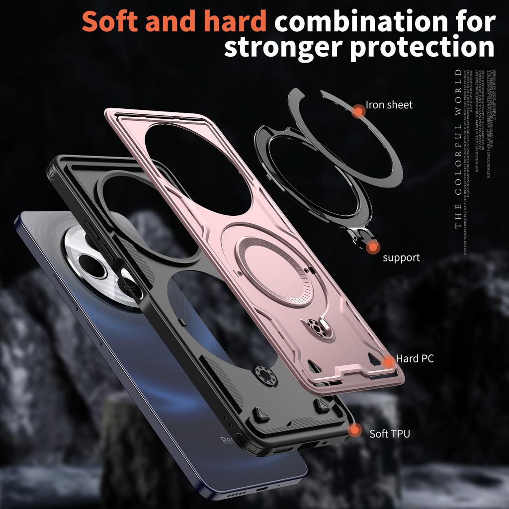 For Xiaomi Poco X7 C75/Redmi Note 14 Pro Plus 14R 14C Plastic Hard Shell Rotating Ring Holder Magnetic Charging Phone Case Shell