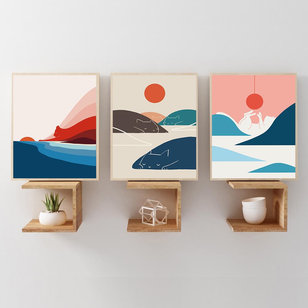 Abstract Animal Cat Landscape Wall Art Poster And Print Big Wave Canvas Painting Mountain Sun Picture For Living Room Home Decor No Frame
