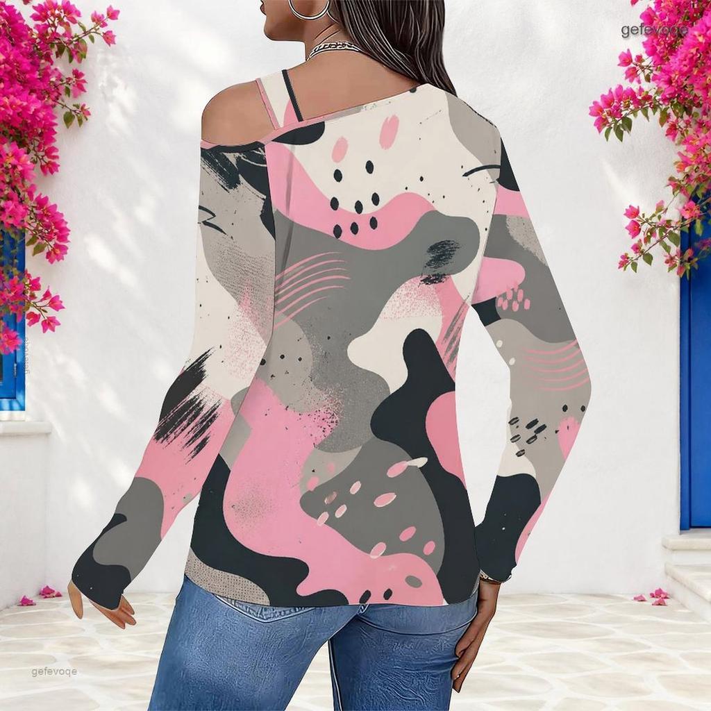 Women Plus Size Asymmetric Cutout Neck Cold Shoulder Long Sleeve Pink Gray Black Printed Fitted Top