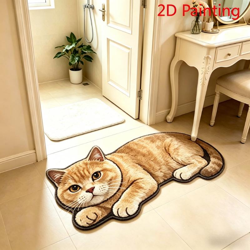 3D Cartoon Cat Faux Cashmere Floor Mat for Indoor Use - Water Absorbing, Dirt Resistant Foot Mat for Bathroom or Entrance.