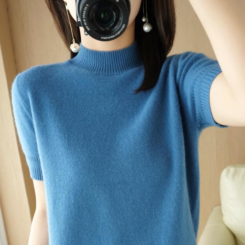 Elegante Suéter de Punto de Manga Corta con Cuello Medio Alto - Estilo Socialité Primavera y Otoño, Capa Base de Corte Holgado