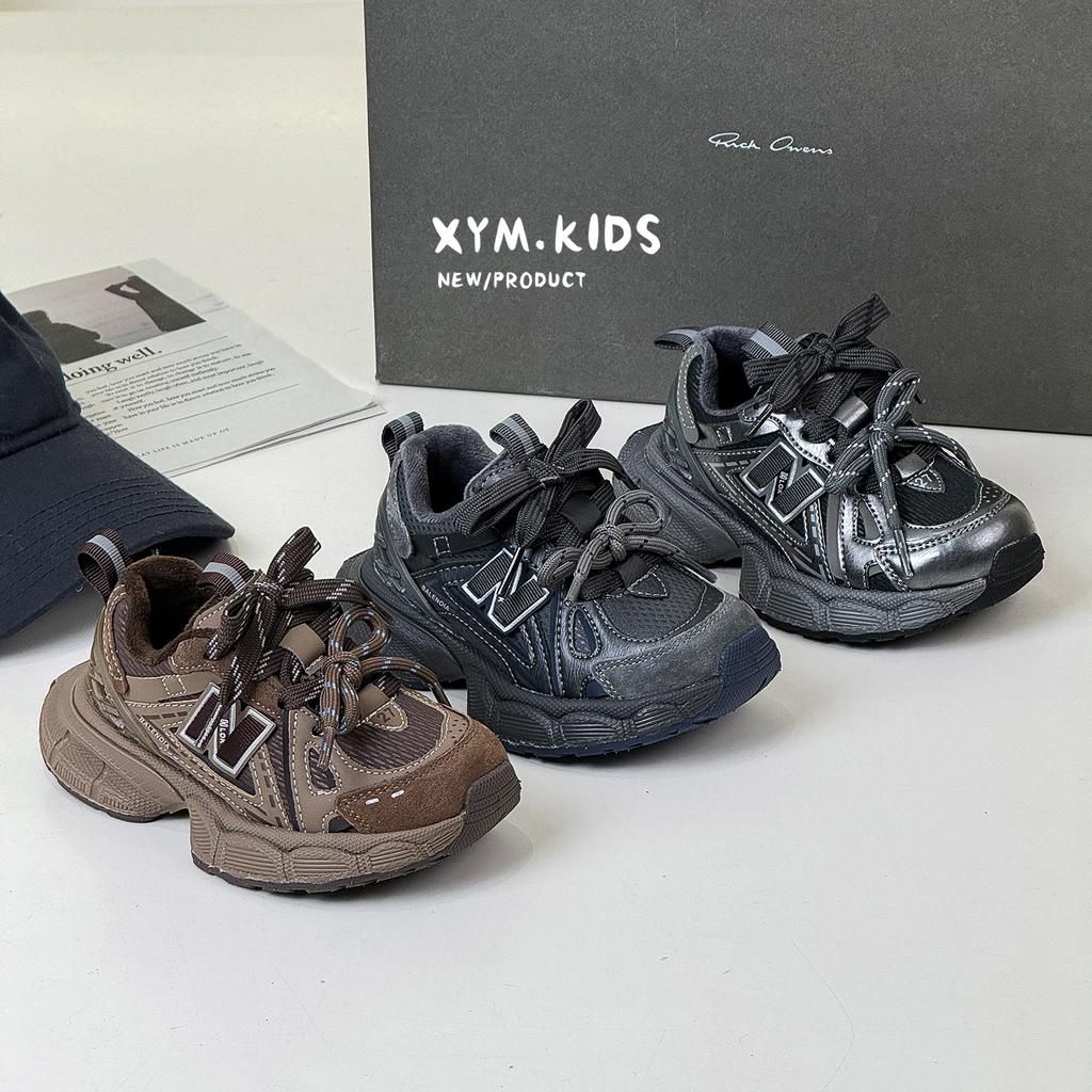 2025 winter new children's sports shoes retro versatile N word double lace-up boys and girls dad shoes two cotton shoes