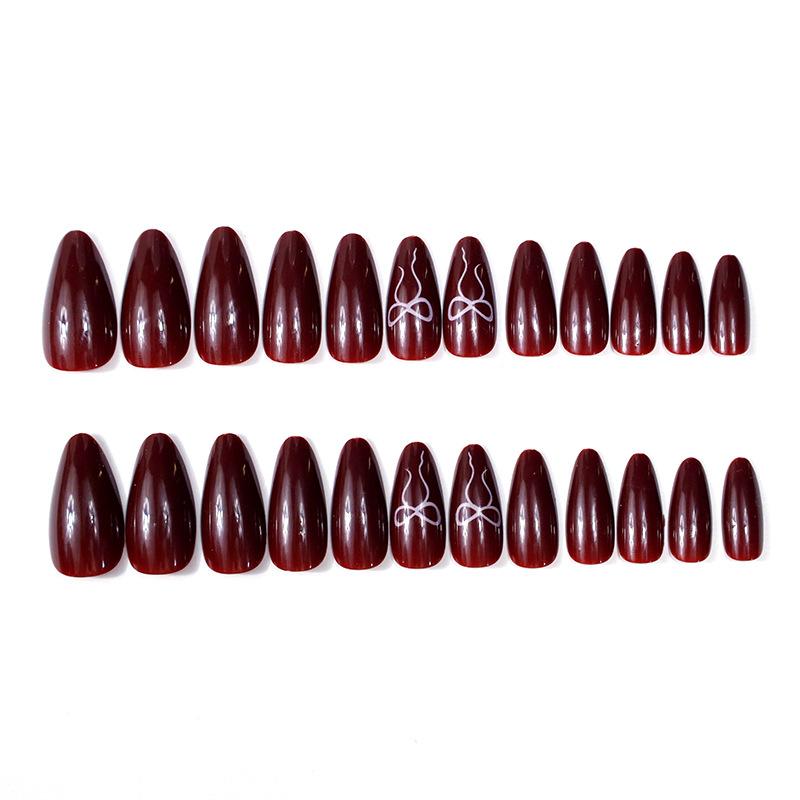 European And American Valentine'S Day 24 Nail Art Burgundy Solid Color Bow Long Almond Wear Armor