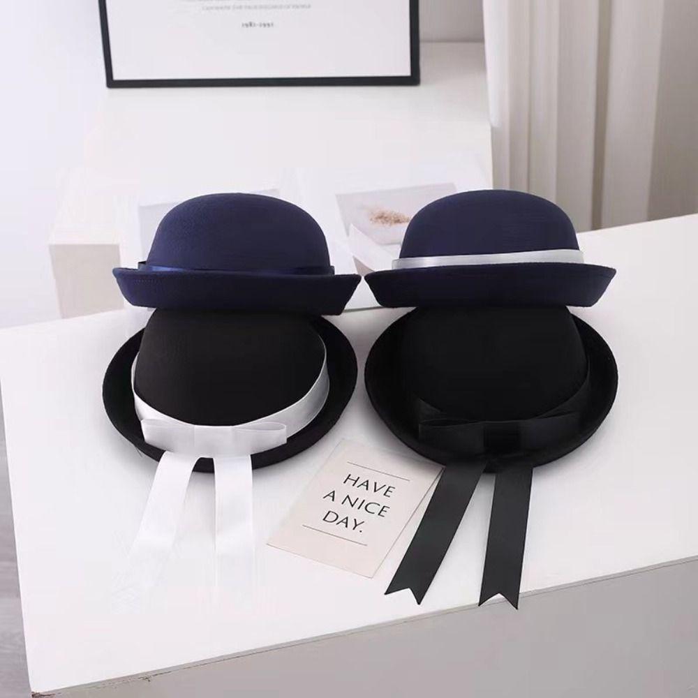 College Style Bow Bowler Hat Cute Sailor Hat Retro Round Dome Fedora Hat  Outdoor