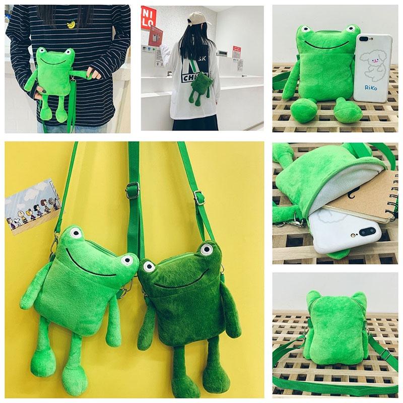 Cute Green Frog Plush Shoulder Bag For Women Cartoon Character Crossbody Purse With Zipper Closure