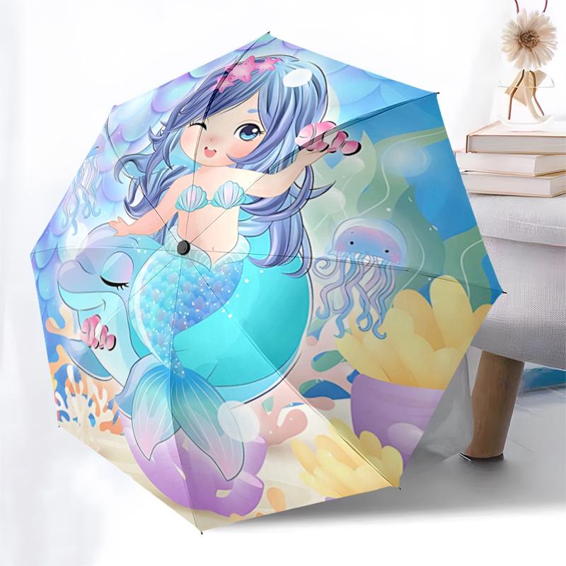 Mermaid Tail Design Automatic Opening/Closing Umbrella with Starfish Hair Clip Portable Folding Design,8 Bone Iron Frame Outdoor Umbrella