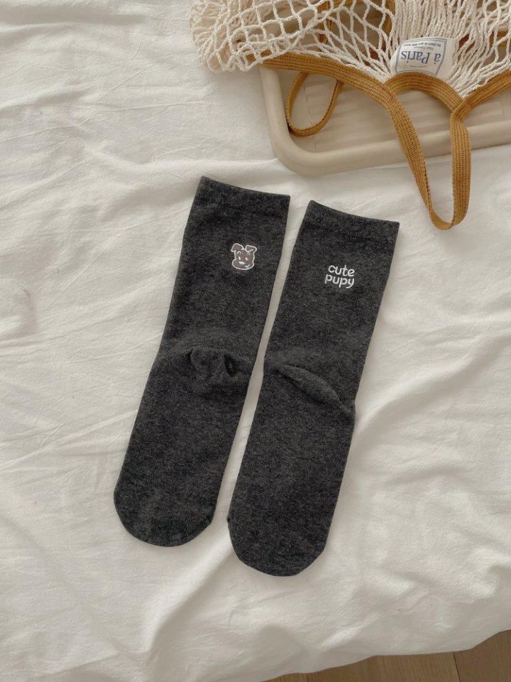 Korean INS-Style Mid-Calf Slouch Socks with Embroidered Cartoon Puppy & AB Letters