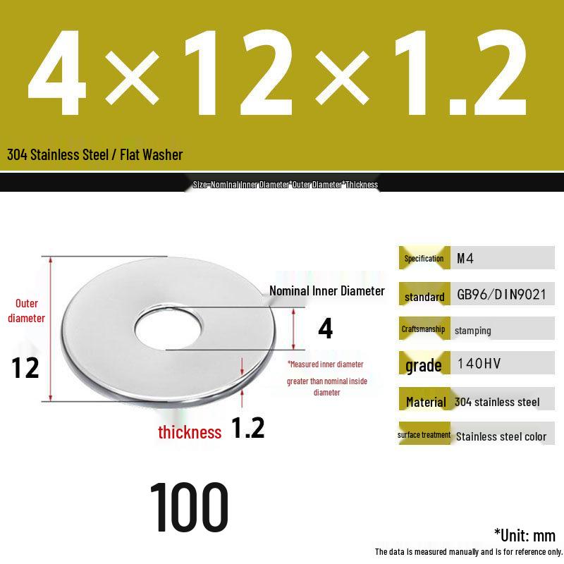 304 Stainless Steel Thickened Flat Washer Set, Sizes 2-36