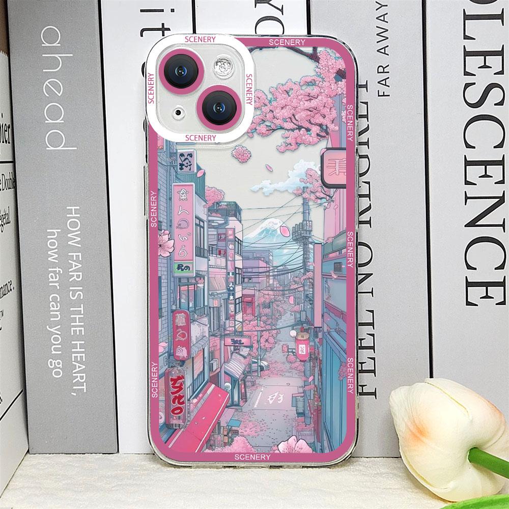 Japanese Landscape Cherry Blossoms Phone Case for IPhone 11 12 13 14 15 16 Pro Max Mini XS X 7 8 14Plus Clear Soft Scenery Cover