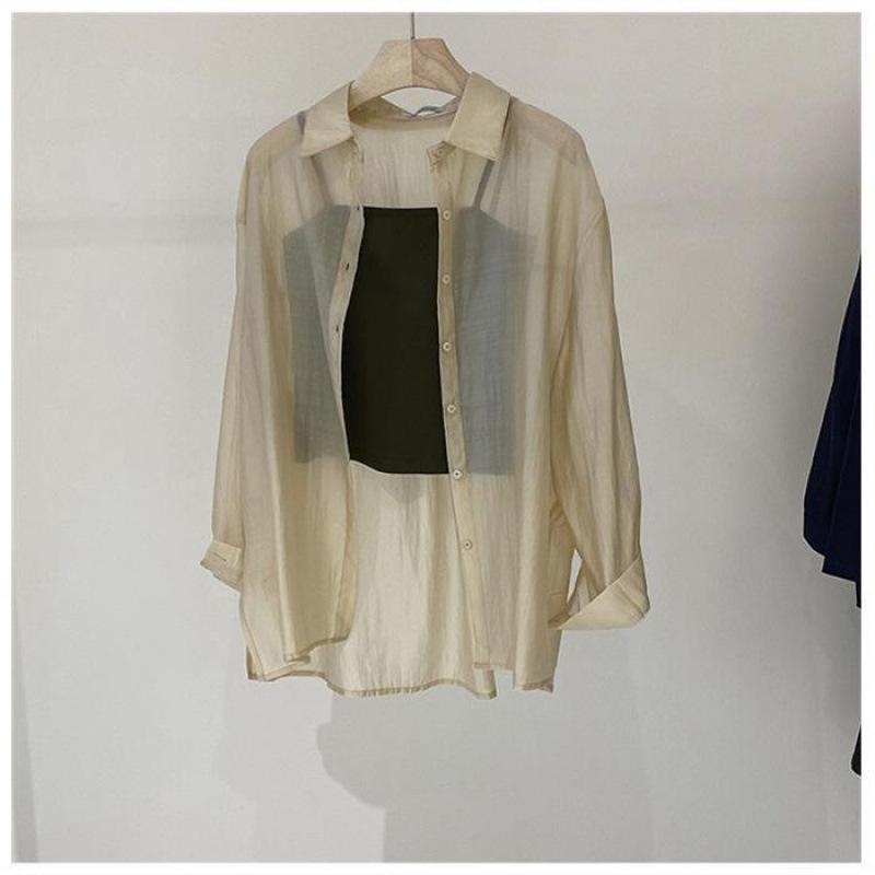 

Рубашки Женские Тонкие Летние С Длинным Рукавом Свободные Прозрачные Мягкие XS бежевый